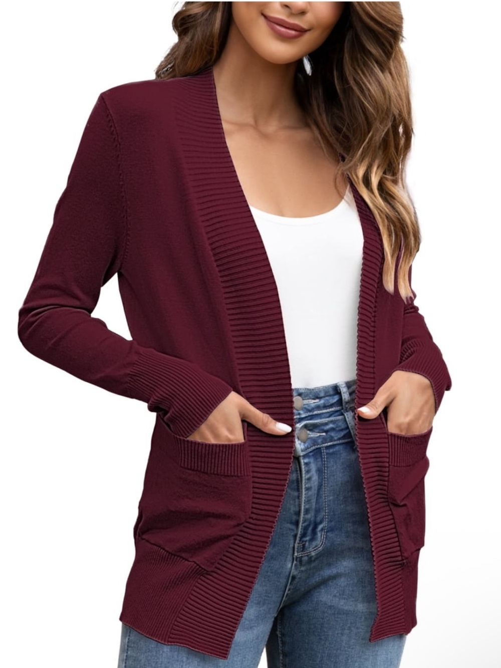 NWT Folunsi Burgundy Open Front Lightweight Knit Cardigan with Pockets - Size S